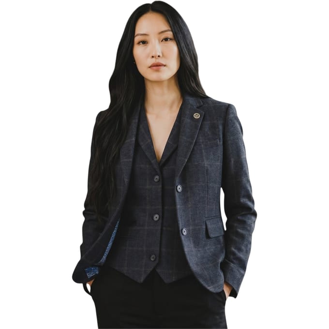 Dames marineblauw 2-delig geruit formele tweed blazer en gilet - TPSTZ-7