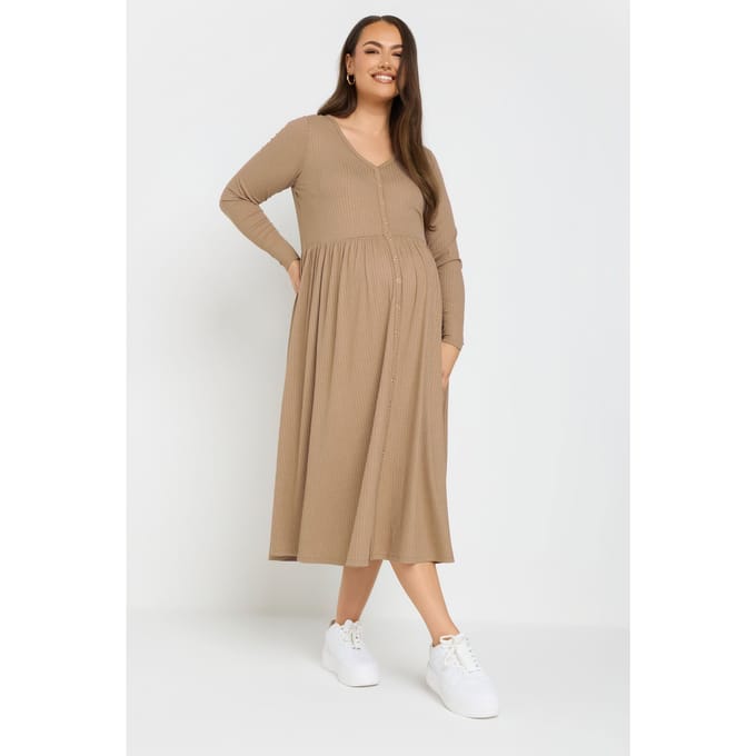 Bump It Up Maternity Geribbelde Premium Midi Jurk Met Knopen In Beige Size 50