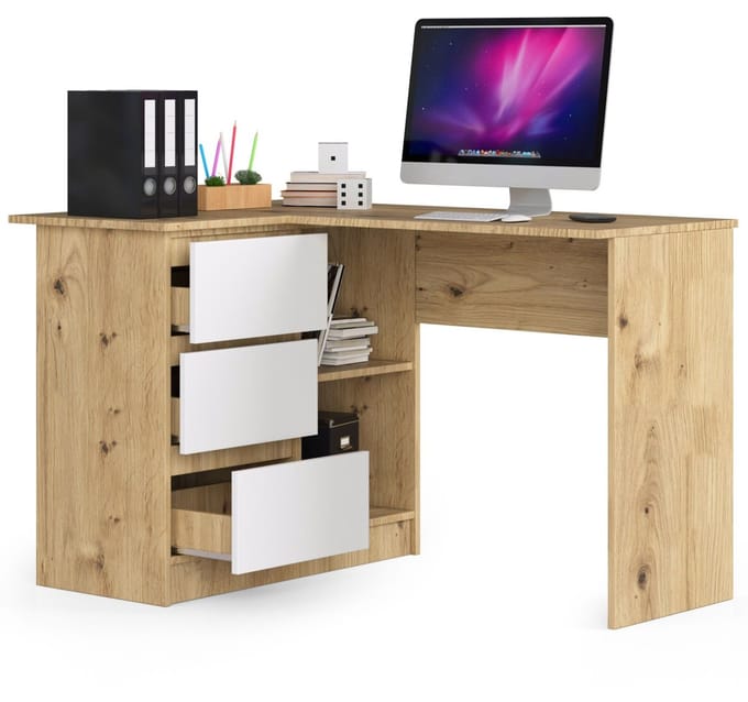 Hoekbureau Links B16 / Computerbureau / Computer Tafel / Bureautafel Rechts / Artisan Eik - Wit / 124 x 77 x 85 cm