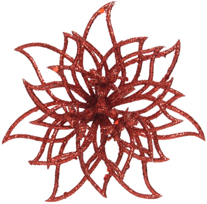 Kerstboom decoratie bloemen - kerstster - rood glitters - op clip - 14 cm - rode kerstversiering