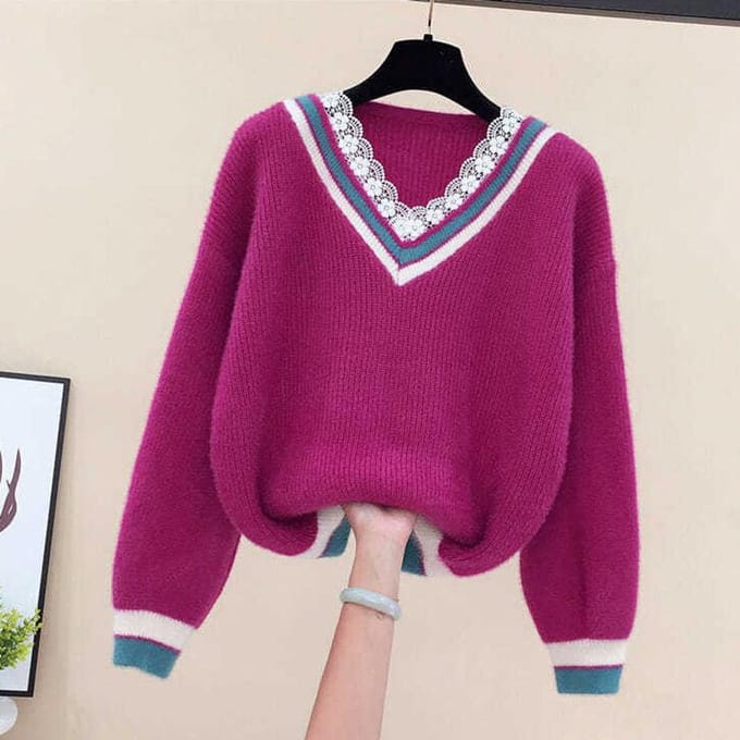 Pull Femme Dentelle Col V Pull-over Hiver Ample et Polyvalent Court Haut de Pull Tricoté 3XL pink