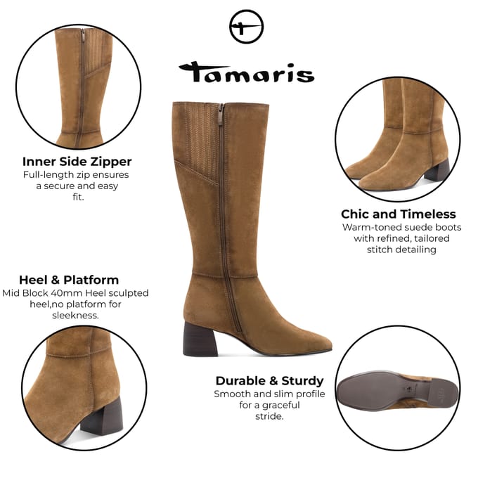 Tamaris Dames Camel Bruine Leren Kniehoge Hak Rijlaarzen