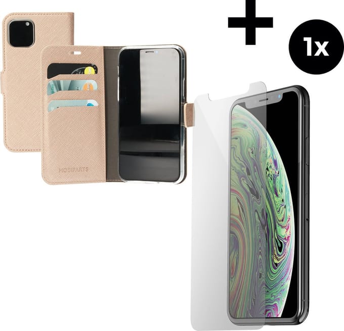 Mobiparts Saffiano Wallet hoesje geschikt voor Apple iPhone 11 Pro met 1 Screenprotector van Gehard Glas - Bruin/Copper