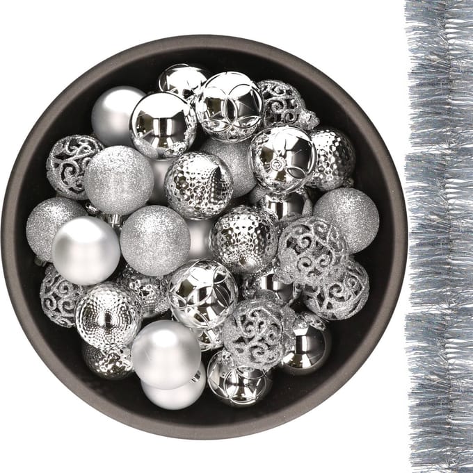 Decoris Kerstballen - 37 ST - 6 cm - en 2 ST kerstslingers - zilver - kunststof