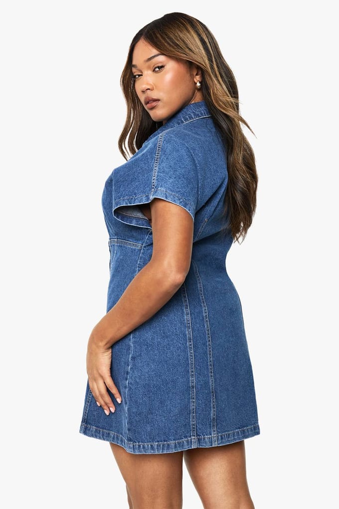 boohoo Dames Plus Button Down Denim Mini-jurk | Mid Blue | Maat: 28