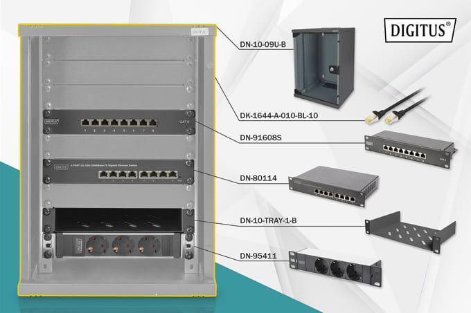 10 inch netwerkset, incl. 9HE wandbehuizing, zwart schap, PDU, 8-poorts switch, CAT6 patchpanel