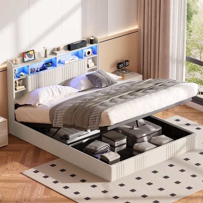 Opbergbed 140x200 Beige Linnen – Bed met USB, USB-C, Stopcontact & LED Hoofdbord