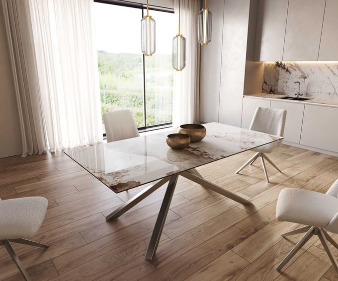 Eetkamertafel Edge keramiek Minas Melange wit-beige 200x100 kruisframe rechthoek RVS