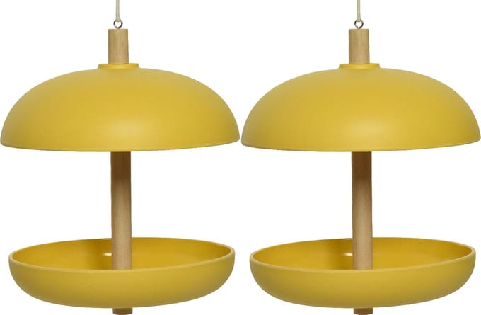 Decoris vogel voedersilo hangend - 2x - bamboe hout - geel - 21 x 25 cm