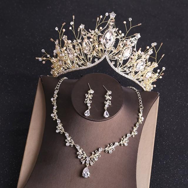 Ensemble de bijoux de mariée, strass, cristal, or, diadème, couronne, boucles d'oreilles, collier, ensemble de bijoux de luxe pour mariée gray