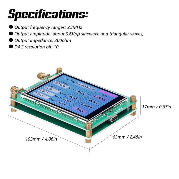 Aanraakscherm DDS-module Signaalgenerator 10Bit DAC Sinusgolf Blokgolf Driehoeksgolfsignaal veelkleurig