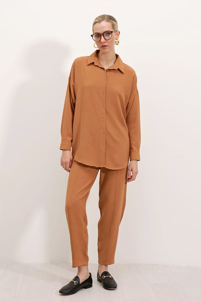 Oversized Getextureerde Seersucker Twee-Delige Set met Shirtkraag
