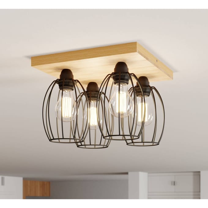 BRITOP Plafondlamp Beevly, hout en metaal, 4-lamps