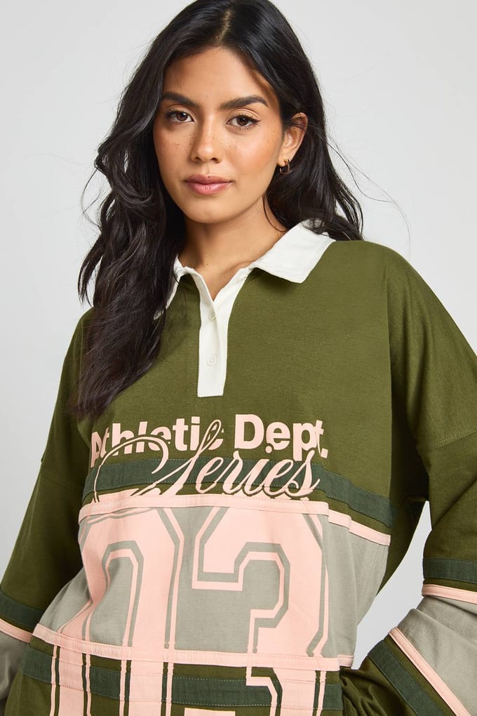 boohoo Dames Varsity Grafische Voorkant Contrast Rugby Top | Olijf | Maat: 38