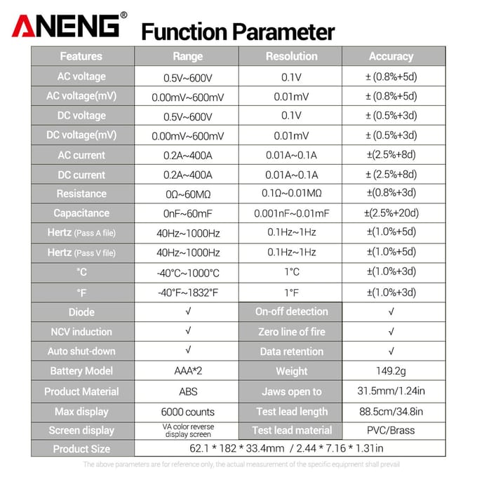 ANENG ST212 Stroomtang Intelligente digitale stroomtangmultimeter 6000 tellingen Slimme AC- en DC-voltmeter rood