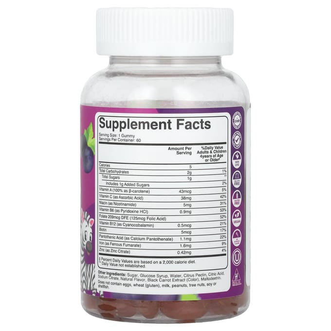 Enfants, Gommes de Fer avec Vitamine C, Raisin, 60 Gommes