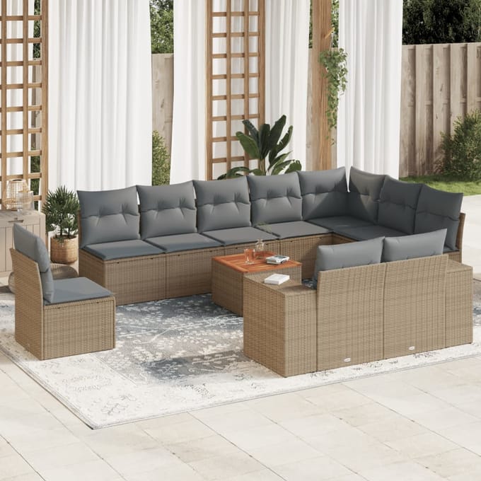 vidaXL - 11-delige - Tuinset - met - kussens - poly - rattan - beige