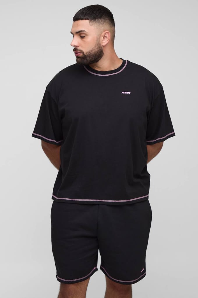 Plus Official Men's Contrast Stitch Oversized Boxy T-Shirt en Relaxed Jersey Short Set | Black | Size 2XL