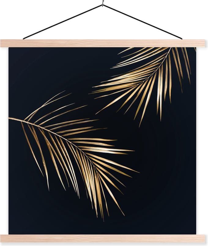 Posterhanger incl. Poster 60x60 cm - Schoolplaat - Bladeren - Planten - Goud - Zwart - Luxe - Textielposter - Blanke latten