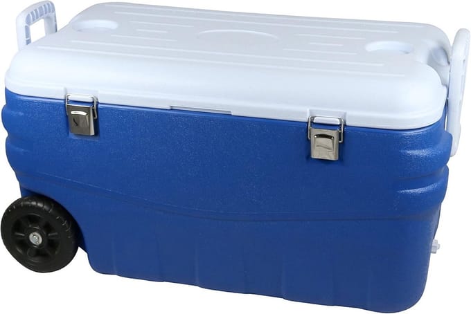 Harde koelbox 100 liter - blauwe en witte koelbox met wielen en inklapbare handgrepen
