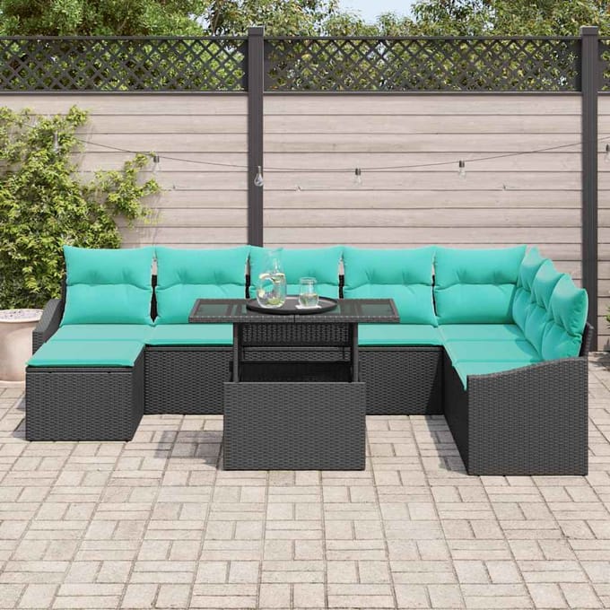 vidaXL - Bankstel - 9 - st - Zwart - en - Blauw - poly - rattan