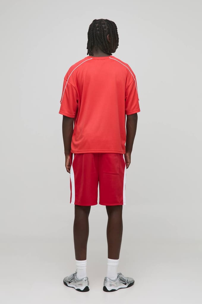 Elasticated Waist Relaxed Short Length Tricot Colour Block Shorts | Red | Size Small
