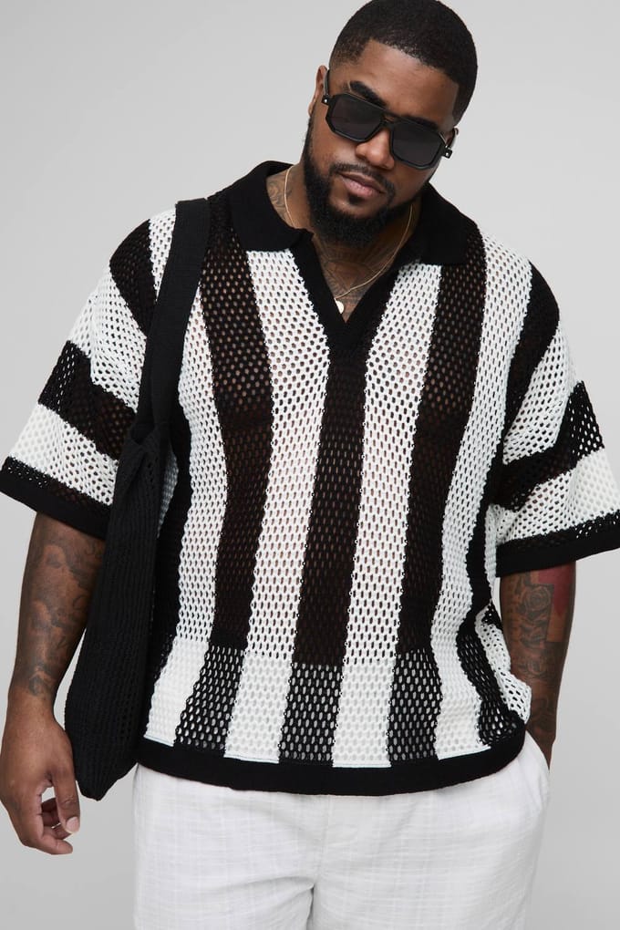 Plus Boxy Oversized Gestreepte Gebreide Polo | Ecru | Size 2XL