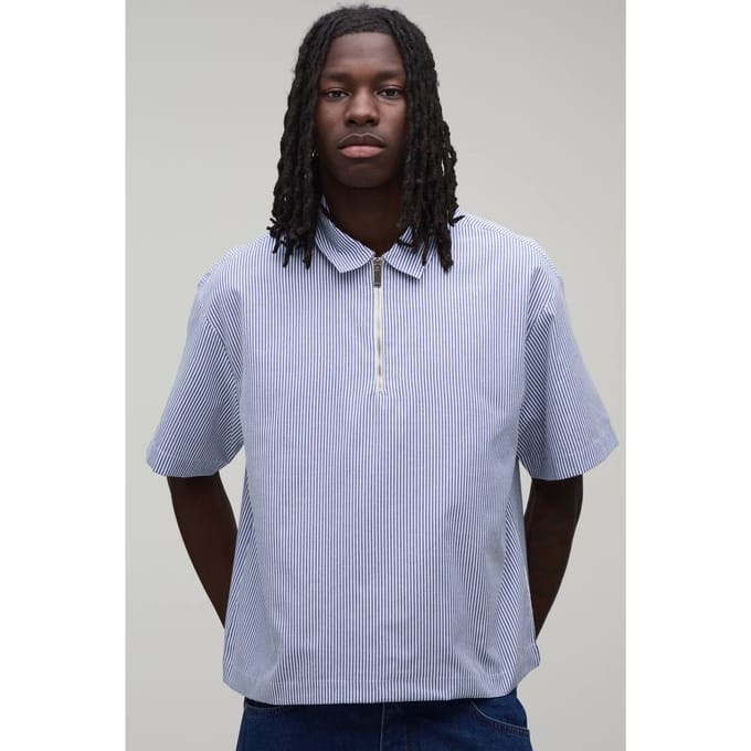 Oversized Boxy Gestreept Kwart Rits Overhemd | Blue | Size Small