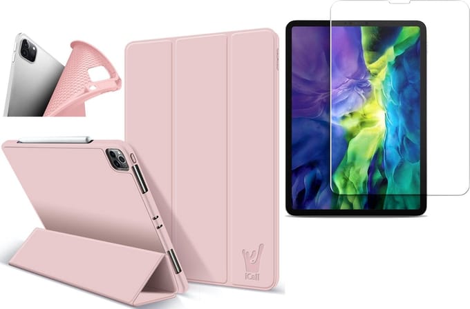 Hoesje geschikt voor iPad Pro 2021 en Screenprotector - 11 inch - Smart Book Case Roze + Screen Protector Glas