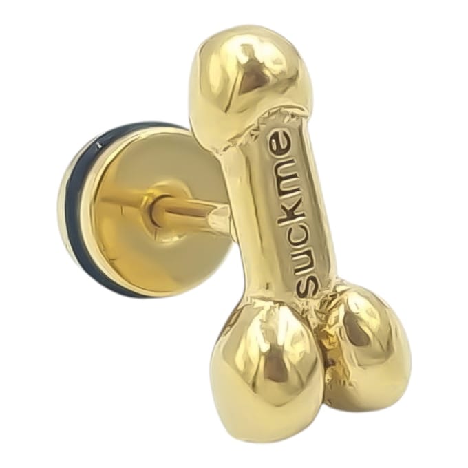 Stalen tragus piercing - "Suck me" penis - Kleur goud