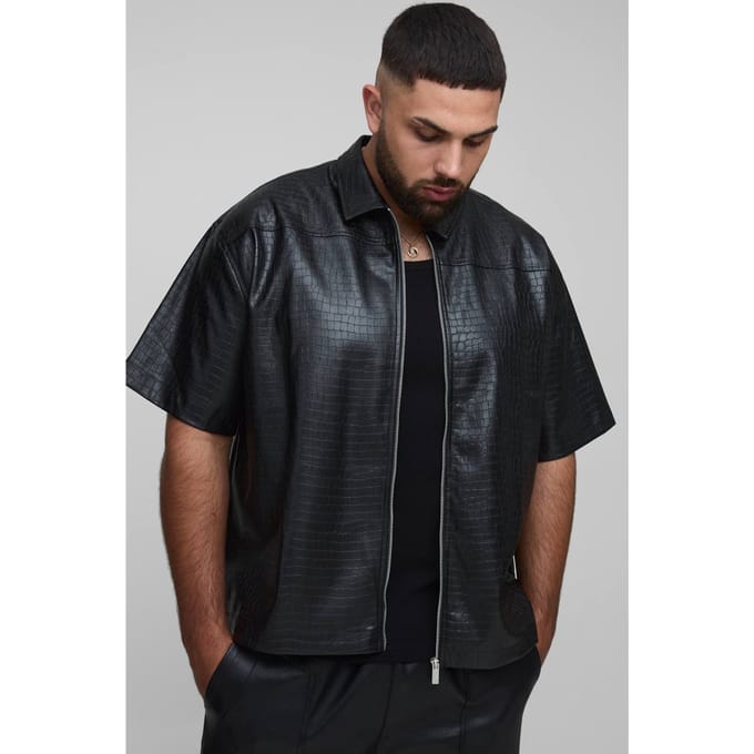 Plus Croc PU Zip Up Shirt | Black | Size 3XL