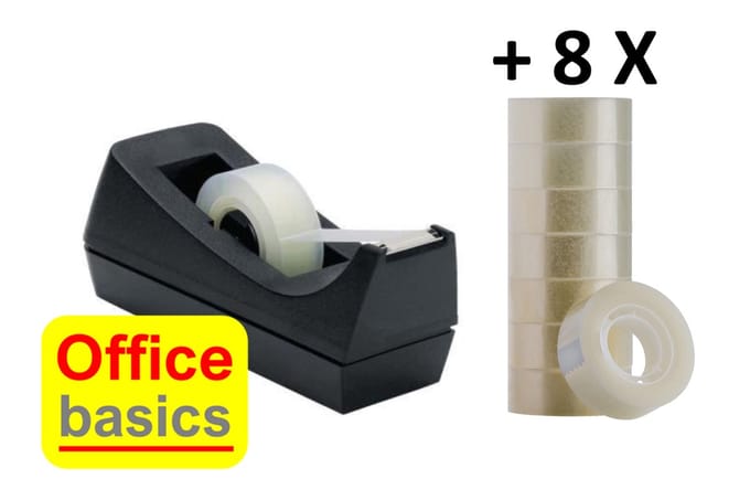 Plakbandhouder Office Basics zwart - medium 17cm - met 8 rollen plakband