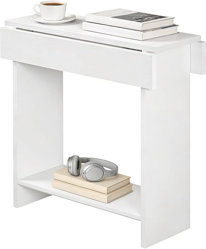 Opklapbare bijzettafel - Kleine salontafel - Ruimtebesparend wonen - Met extra plank - 55 x 60 cm - Wit