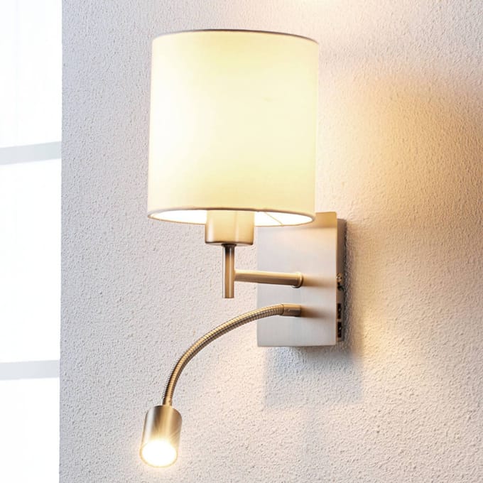 Lindby - Wandlamp - 1licht - Stof, metaal - H: 28 cm - E27 - wit, mat nikkel