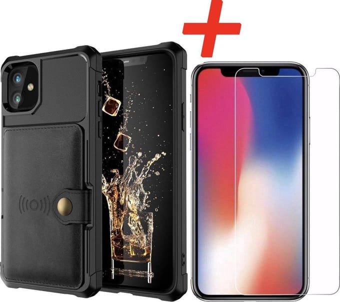 Backcover geschikt voor Apple iPhone 11 - Zwart - 3 in 1 pasjeshouder - met Glazen Screenprotector