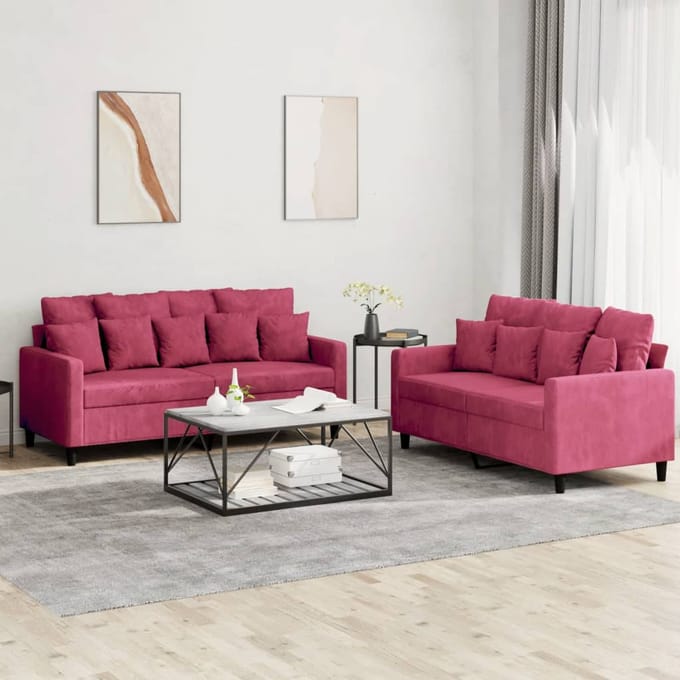 vidaXL - 2-delige - Loungeset - met - kussens - fluweel - wijnrood