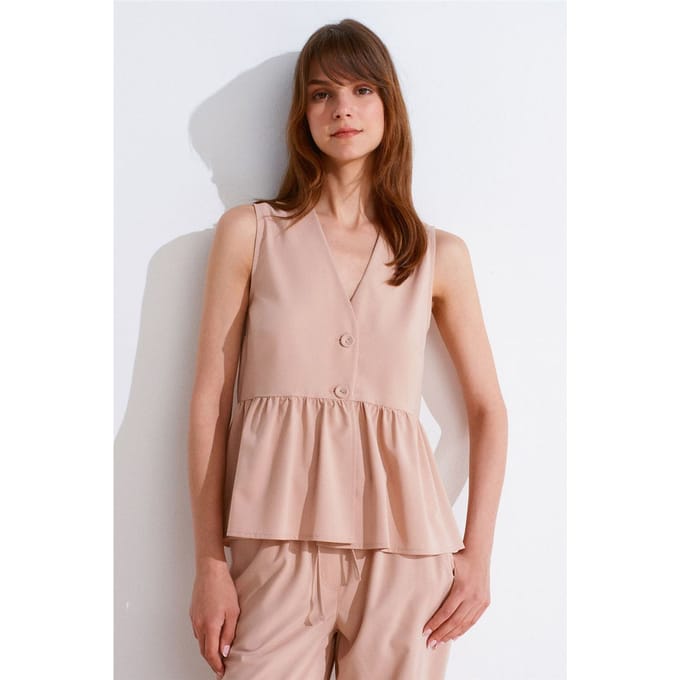 Mouwloze Crepe V-hals Knop Blouse