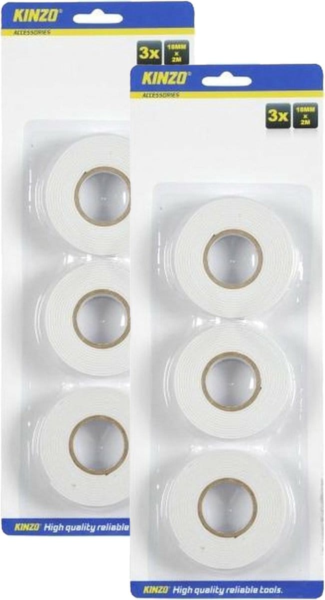 Kinzo Dubbelzijdig tape - wit - set met 6x rollen - Knutsel & hobby materiaal - plakband
