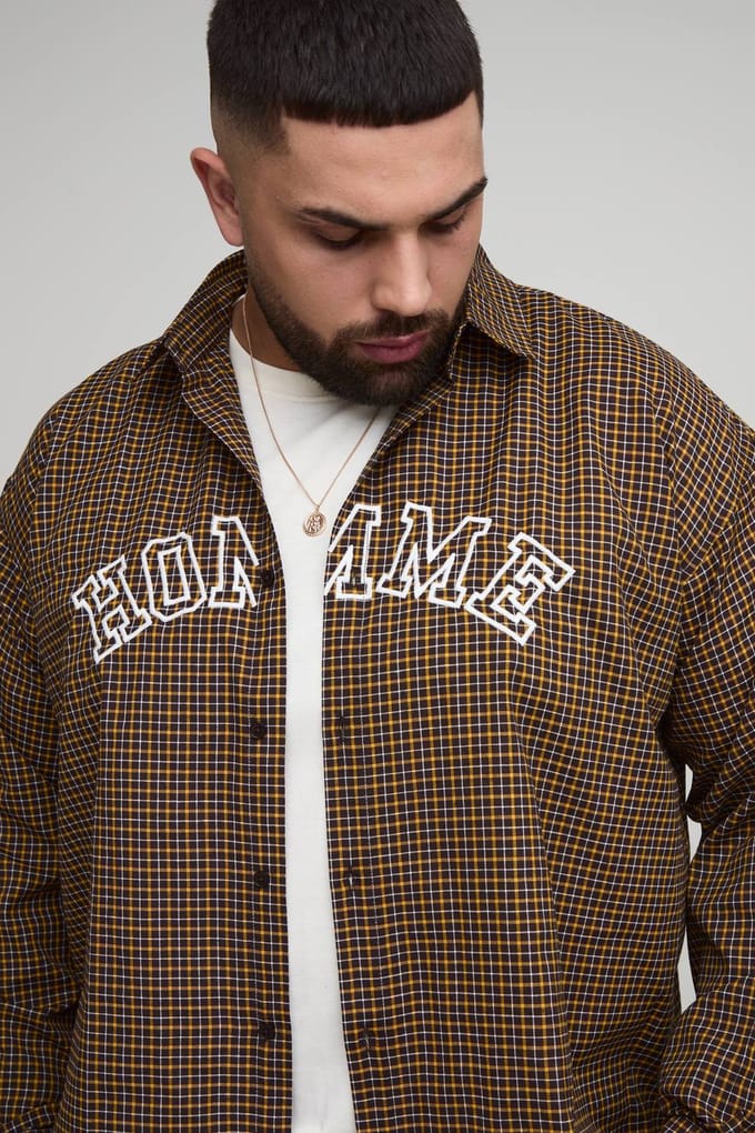 Plus Overgrootte Boxy Heren Applique Micro Check Shirt | Chocolate | Size 3XL
