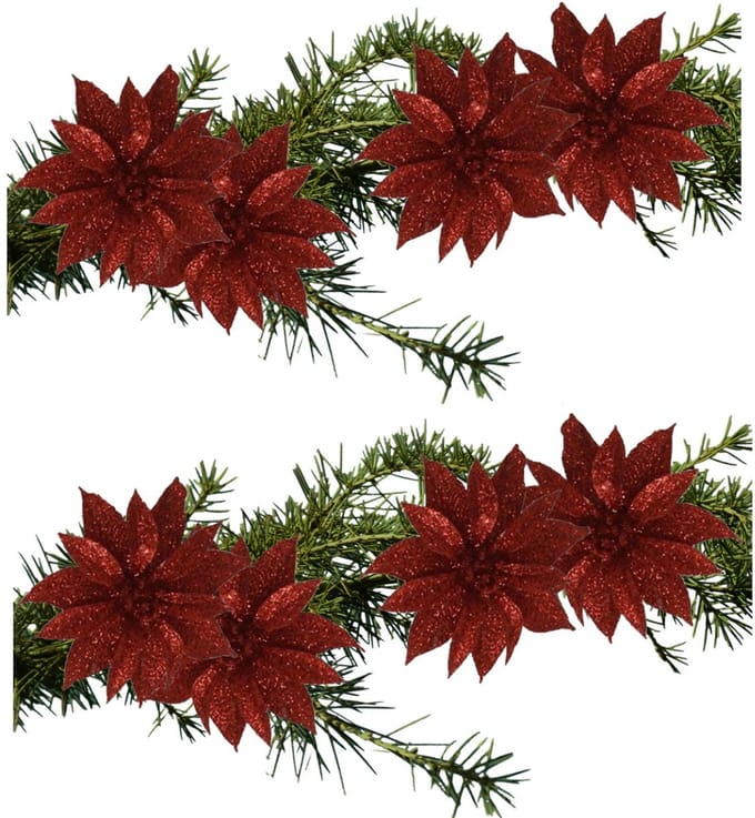 Kerstboomversiering Bloemen - 8x stuks - 9 cm - rood glitter - op clip