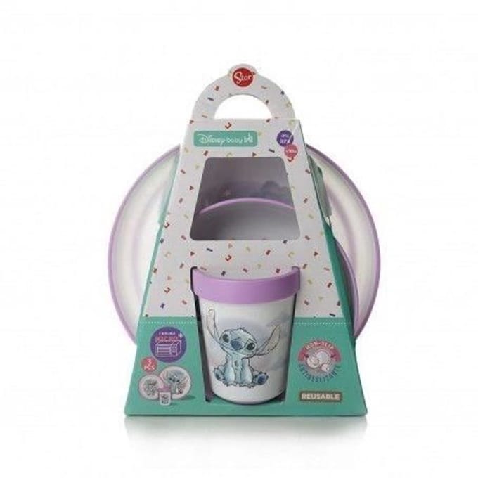 Lilo en Stitch - Paars en wit - 3-delige lunchbox met anti-slip beker + kom + bord
