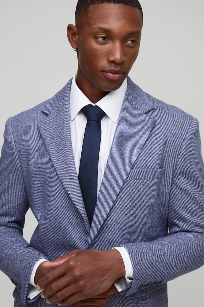 Straight Fit Herringbone Suit Jacket | Navy | Size 48