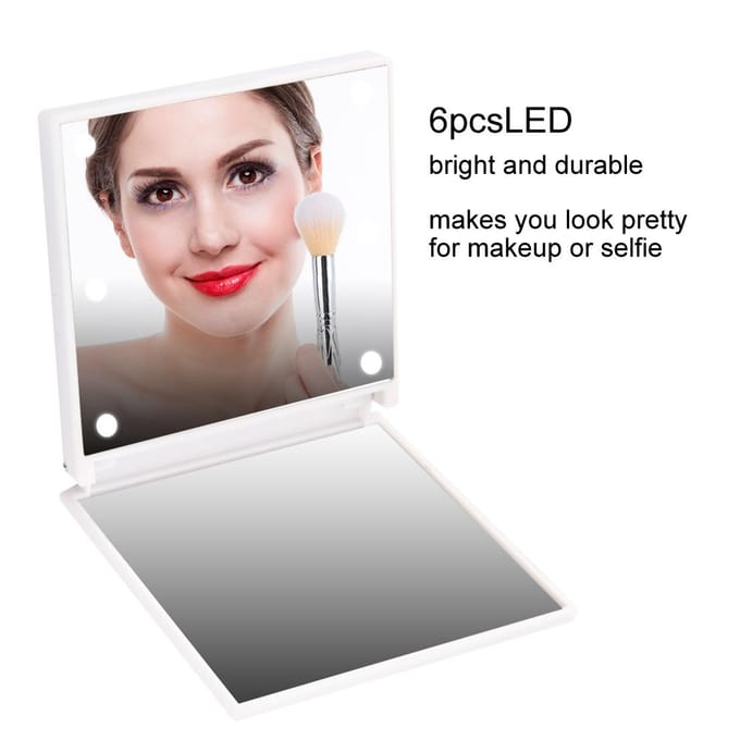 Mini Miroir de Maquillage Cosmétique de Poche Pliant Portable à Piles 6 LED (blanc) blanc