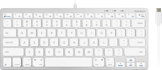 Macally UCSLIMKEYCA Compact bedraad USB-C toetsenbord voor Apple Mac en iPad - Witte toetsen - U.S. Engels (QWERTY) layout