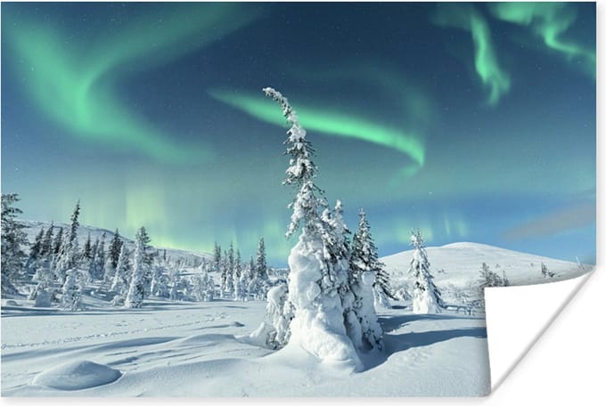 Poster Noorderlicht - Sneeuw - Landschap - Winter - Den - 180x120 cm XXL