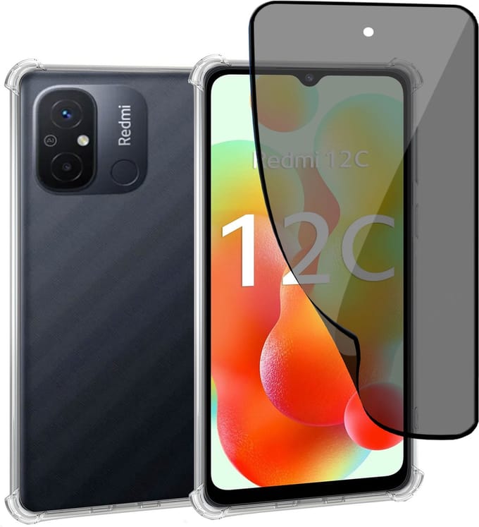 Geschikt voor Xiaomi Redmi 12C - Hoesje + Privacy Screenprotector – Privé - Gehard Glas Cover