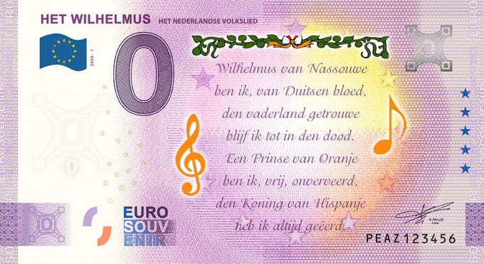 0 Euro biljet 2020 - Het Wilhelmus KLEUR