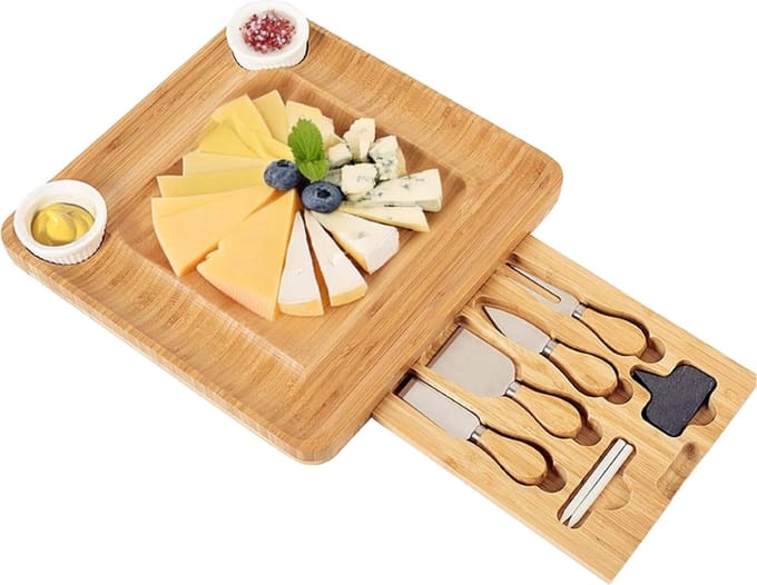 Ceruzo Luxe Tapasplank - Uitschuifbare Borrelplank Set met Messen - Bamboe Kaasplank 33x31 cm