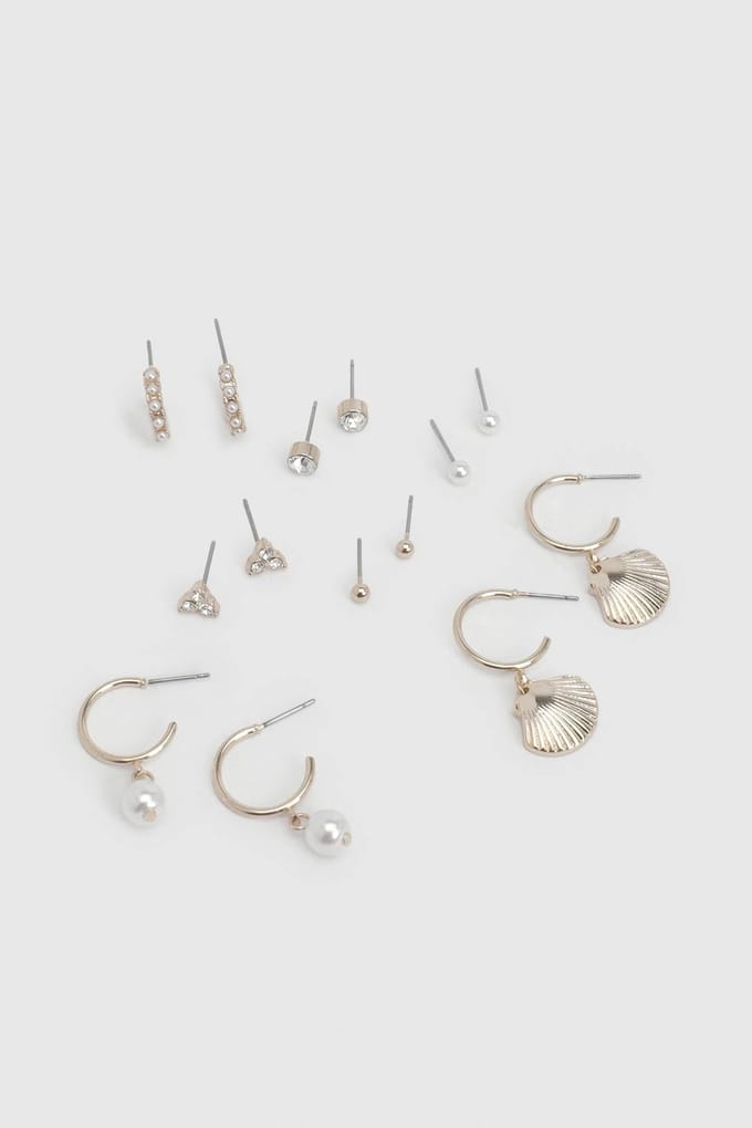 boohoo Dames Schelp Stapel Oorbellen 6-pack | Goud