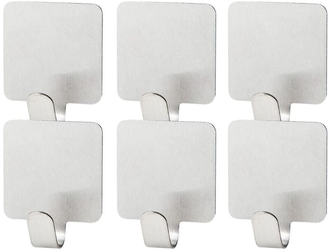 Set van 6 vierkante zelfklevende haken van roestvrij staal Fackelmann Tecno